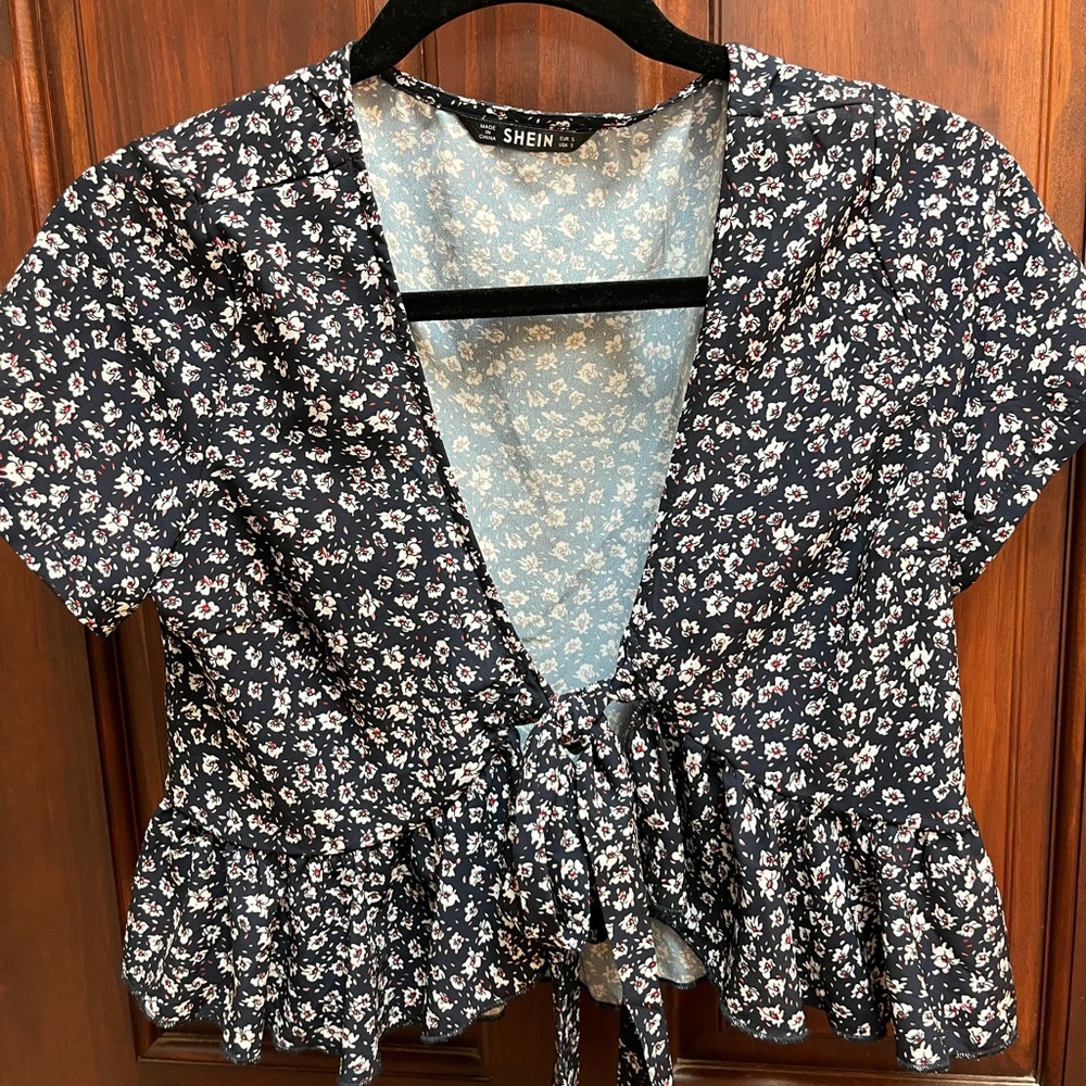 SHEIN Navy Floral Blouse